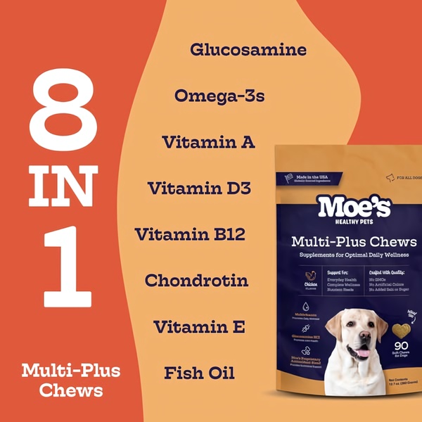 A clean, high-contrast creative layout for a dog supplement that lists eight key health benefits alongside the physical product.